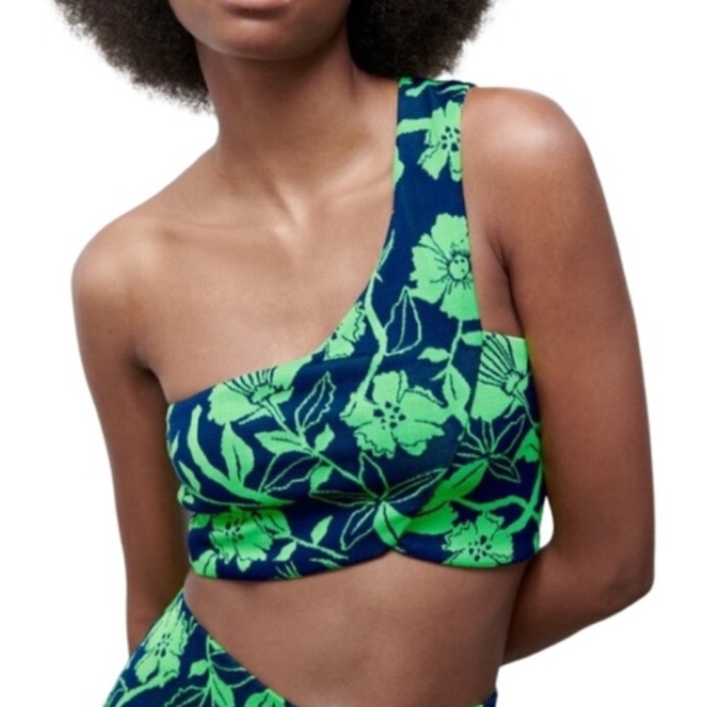 Zara Navy Knit Top with Neon Green Floral Print
